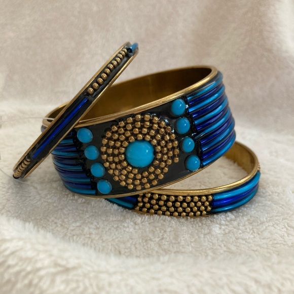 Blue Glass and Metal Bangle Bracelets - Picture 1 of 6